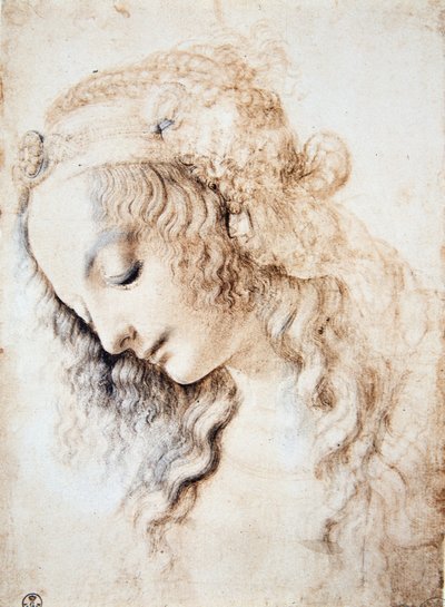 Portrait of a girl with closed eyes and head down with her hair adorned with a band enriched with jewellery by Leonardo da Vinci
