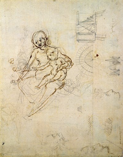 Studies for a Virgin and Child and of Heads in Profile and Machines by Leonardo da Vinci