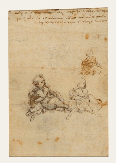 Studies for the Christ Child with a Lamb (recto); Head of an Old Man, and Studies of Machinery (verso) by Leonardo da Vinci