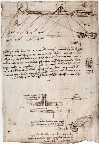 Study for a marine dredge by Leonardo da Vinci. Drawing with pen and ink by Leonardo da Vinci