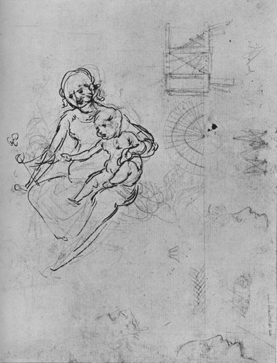 Study of a Madonna and Child, of Profiles and of Machinery by Leonardo da Vinci
