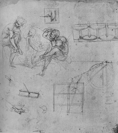 Three Seated Figures and Studies of Machinery by Leonardo da Vinci