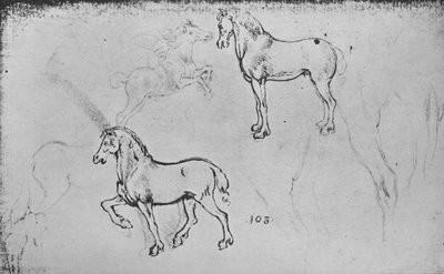 Two Studies of Horses, One of a Galloping Horseman and Others of Horses Legs by Leonardo da Vinci
