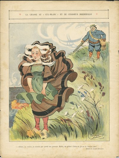 Illustration of Leonce Burret (1865-1915) in Le Rire, 03/09/10 - The Hunt for the White Cul-Blanc and the Dummy Hunter - Countryside, Leisure, Nature Vegetation, Hunting Hunter, Maritime Marine Balneaire - Peasants, Farmers by Leonce Burret