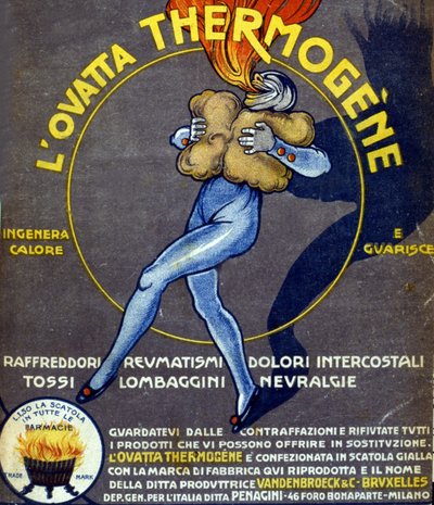 Advertisement for thermogenic cotton wool curing colds, internal pains, rheumatism, coughs, neuralgia and lumbago by Leonetto Cappiello