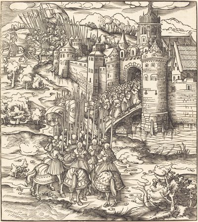 Various Men Kneeling on a Bridge in front of a Town by Leonhard Beck