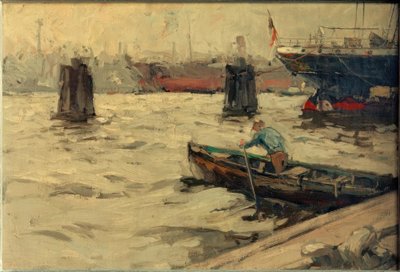 Freighter at the Duckdalben by Leonhard Sandrock