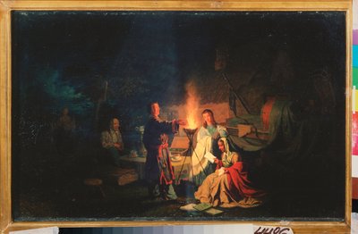 Actors at Rest. (The Actors Rehearse Their Text at Nightfall, Around a Torch, in the Courtyard of a Country House. Near Them, a Table with a Samovar and Cups, as well as Stage Equipment under Tarpaulins). Painting by Leonid by Leonid Ivanovich Solomatkin