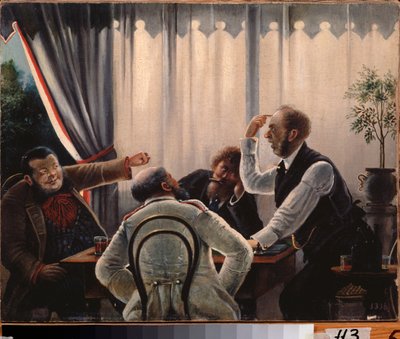Card Game. (Four men gathered around a playing table, two of them arguing, the other two waiting). Painting by Leonid Ivanovich Solomatkin (1837-1883) by Leonid Ivanovich Solomatkin