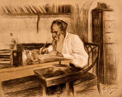 Count Lev Tolstoy in His Study, 1908 by Leonid Osipovic Pasternak