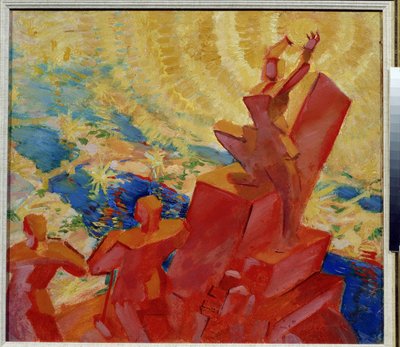 To the Sun. Colorful landscape with a character holding the sun in their hands. Painting by Leonid Terentlevich Chupyatov by Leonid Terentlevich Chupyatov