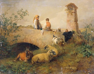 Boy and Girl with Sheep and Goats by Leopold Brunner d. J.