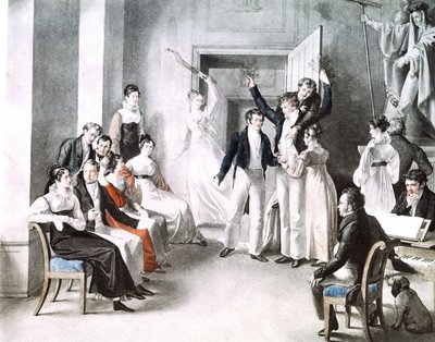 Musical meeting of Schubertians. Schubert is sitting in the chair on the right. by Leopold Kupelwieser
