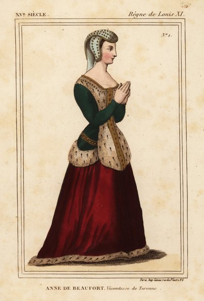 Anne Rogier de Beaufort, Viccountess de Turenne 1435-1479. Handcoloured lithograph after a stainless-glass window in the church of Cordelieres de Nantes in Roger de Gaignieres