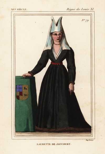 Lauretta of Jaucourt, wife of Michael of Chaugy, Lord of Chissey, Laurette de Jaucourt, Handcoloured lithograph after a miniature in Roger de Gaignieres