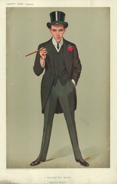 Mr F E Smith, A Successful First Speech, Moab is my Washpot, 16 January 1907, Vanity Fair cartoon by Leslie Matthew Ward