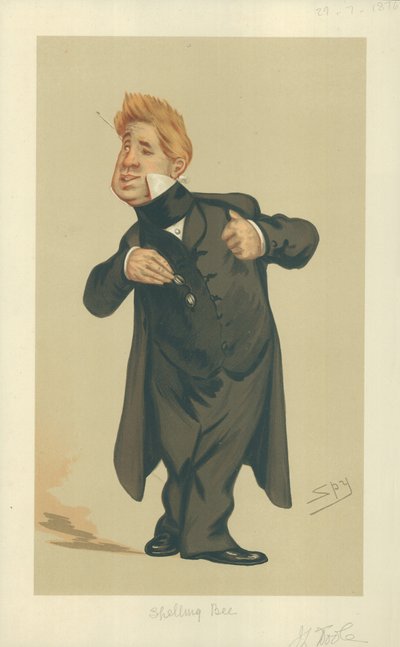 Mr John Laurence Toole, Spelling Bee, 29 July 1876, Vanity Fair Cartoon by Leslie Matthew Ward