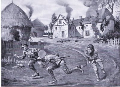 Sergeant Cooper and Two Comrades Dashing Off Under Enemy Fire After Setting Fire to a Farmhouse and Several Ricks by Leslie Mosley
