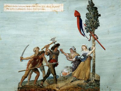 Robbers seek to shoot down the tree of Liberty, young girls in tears stop them from doing so (gouache by the brothers Lesueur) by Lesueur Brothers