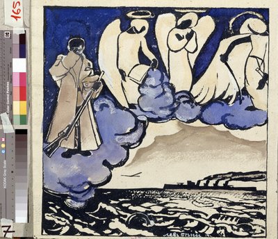 The War. Russia. 1914. Allegory of the First World War. A soldier and angels. Drawing and gouache by Lev Bruni by Lev Aleksandrovitc Bruni