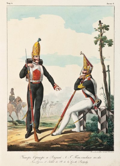 Under Officer and Soldier of the Pavlovsky Guard Regiment, 1830-1840s by Lev Alexandrovich Belousov