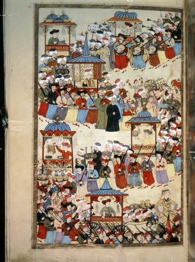 Ottoman Empire: Parade of the Guild of Musician, dancers, tailors, booth makers, etc. by Levni Levni