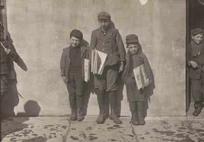 John Pento, 14 years old, Daniel and Angelo Pento, 7 years old, selling newspapers, Hartford, Connecticut by Lewis Hine