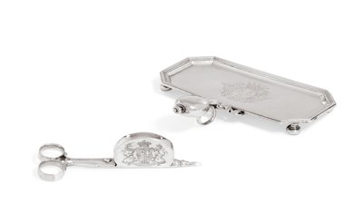 Queen Anne snuffer-tray and pair of snuffers by Lewis Mettayer