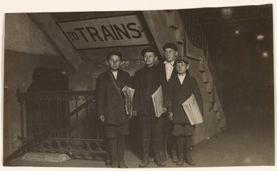 Four Newsies at an Entrance to the Subway, New York City by Lewis W. Hine