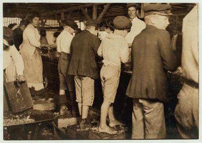 Shrimp Pickers, Including 8 Year Old Max, at Dunbar, Lopez, Dukate Co, Biloxi, Mississippi, 1911 by Lewis Wickes Hine