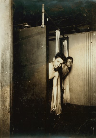 Two Boys Showering at Postal Telegraph Company, Broadway, New York City, New York, USA, c.1910 (sepia photograph) by Lewis Wickes Hine