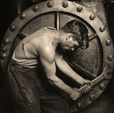 Close-up of a Power House Mechanic Working on Steam Pump c.1920 by Lewis Wickes Hine