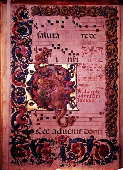 Page of music with an historiated initial G depicting the Adoration of the Magi, from an antiphonal, c.1473-79 by Liberale da Verona