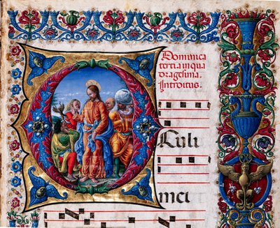 Piccolomini Library: choir book, cod. 21.6, ff. 2r with Casting out of an unclean spirit (detail) by Liberale da Verona