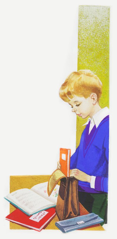 Boy Preparing His Folder for School, Drawing by Unbekannt Unbekannt