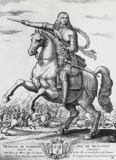 Equestrian Portrait of Francis of Bourbon-Vendome (1616-1669), Second Duke of Beaufort and French General, Engraving by Nicolas de La Fage by Unbekannt Unbekannt