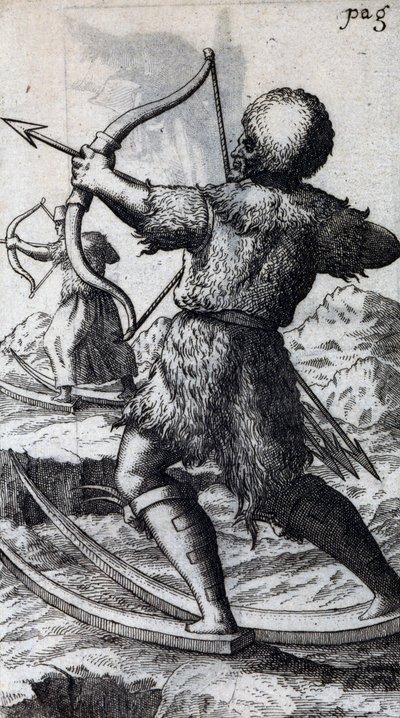 Hunter with bow and arrow on short skis, illustration from De Calceo Antiquo, by B Balduinus by Unbekannt Unbekannt