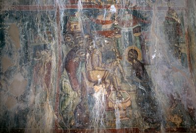 Jesus and Washing of Feet, Fresco in Byzantine Church of Agios Athanasios, Kefali, Crete, Greece by Unbekannt Unbekannt