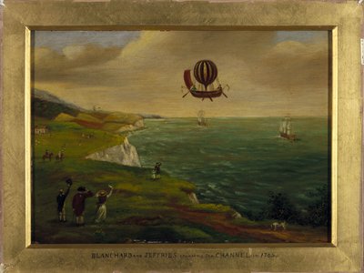 The inventor Jean Pierre Blanchard and the American scientist John Jeffries cross the English Channel in a flying machine resembling a boat equipped with a hot air balloon on 7/01/1785 by Unbekannt Unbekannt