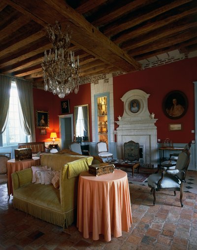Living Room with Beamed Ceiling and Louis XV and Louis XVI-style Furniture, Castle of Reaux, Chouze-sur-Loire, Indre-et-Loire, France by Unbekannt Unbekannt