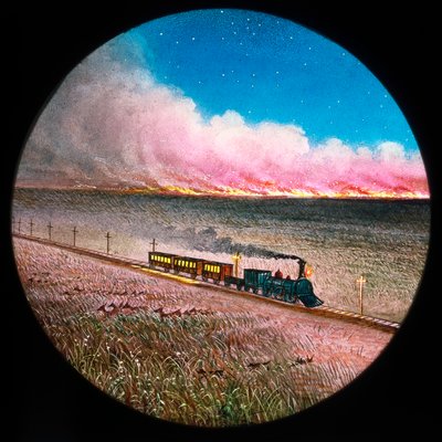 Prairie on Fire with Train, Hand-Coloured Magic Lantern Slide by Unbekannt Unbekannt