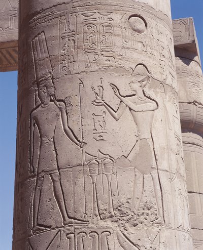 Relief of pharaoh holding goddess of justice Maat before Amon on pillar by Unbekannt Unbekannt