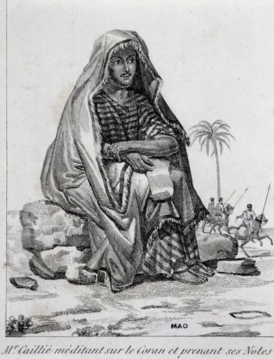 Rene Caillie, explorer wearing Arab clothes, meditating on the Qur
