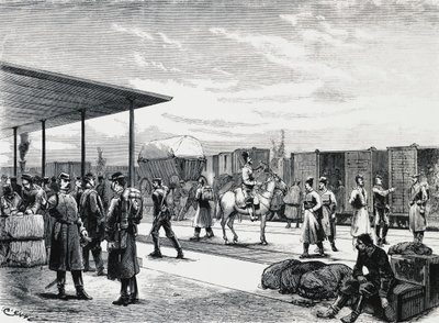Russian Military Convoy in Bustiu Station, on Bucharest-Galati Railroad, Russian-Turkish War, Engraving, Romania by Unbekannt Unbekannt