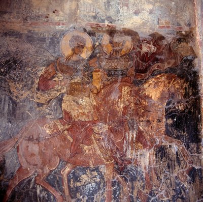 Saints on Horseback, Fresco in Church, Komitates, Crete, Greece by Unbekannt Unbekannt