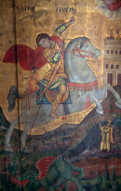 St George and Dragon (Detail), Wood Panel in Church of Agia Paraskevi, Anisaraki, Crete, Greece by Unbekannt Unbekannt