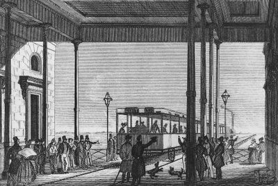 Train leaving Venezia Santa Lucia railway station, Venice, Italy, engraving by Unbekannt Unbekannt