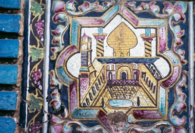 View of mosque, polychrome tile decorations in Tekyeh Mo