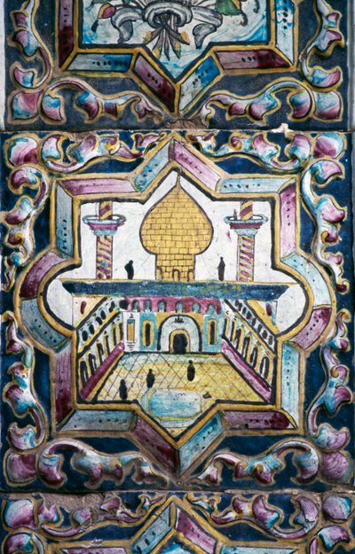 View of mosque, polychrome tile decorations in Tekyeh Mo