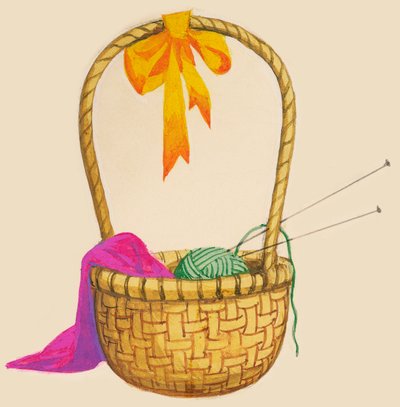 Wicker Basket Containing Ball of Wool, Needles and Knitting, Drawing by Unbekannt Unbekannt
